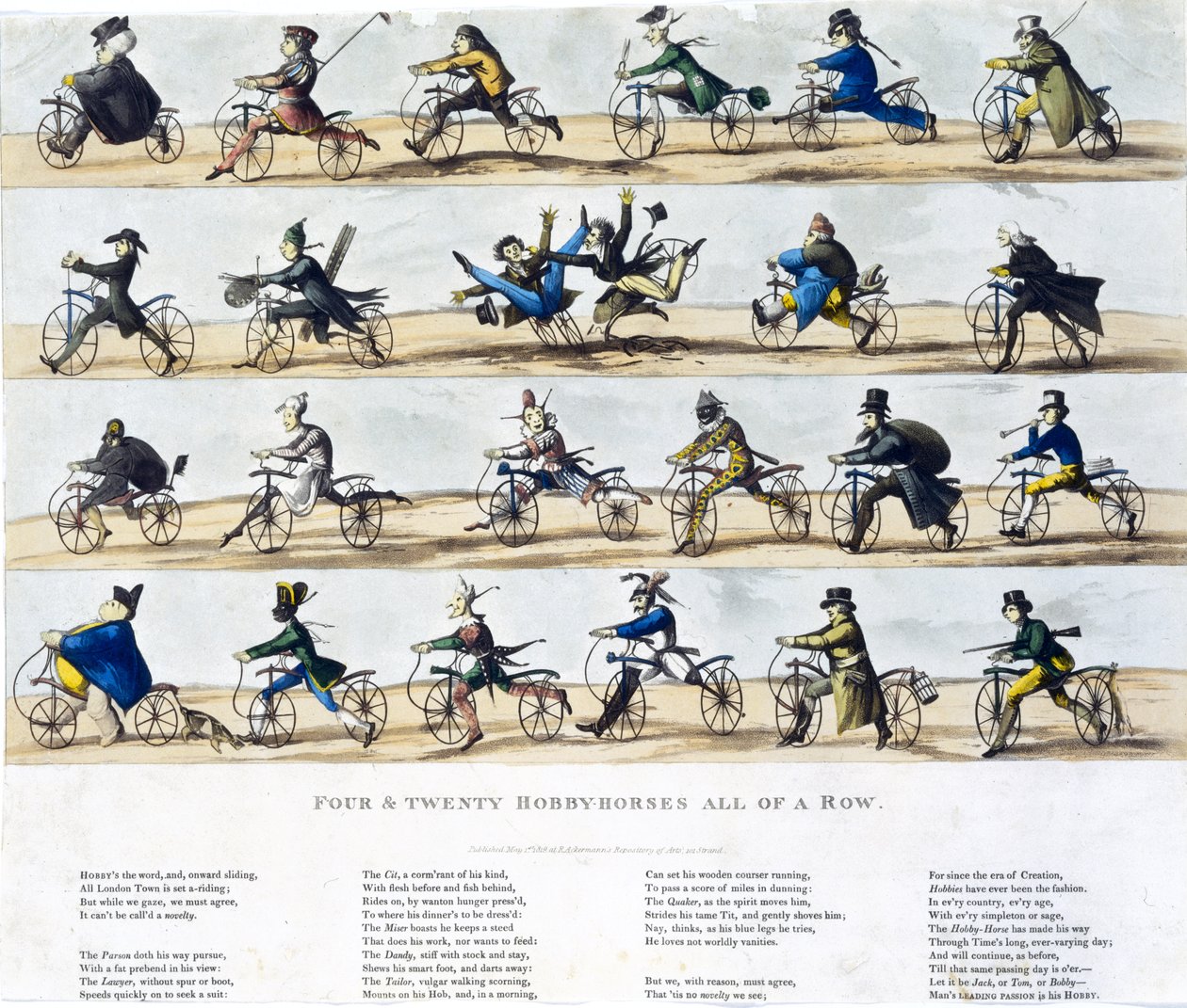 Fire og tyve hobbyheste alle på rad, 1819 (farvet akvatint) af English School