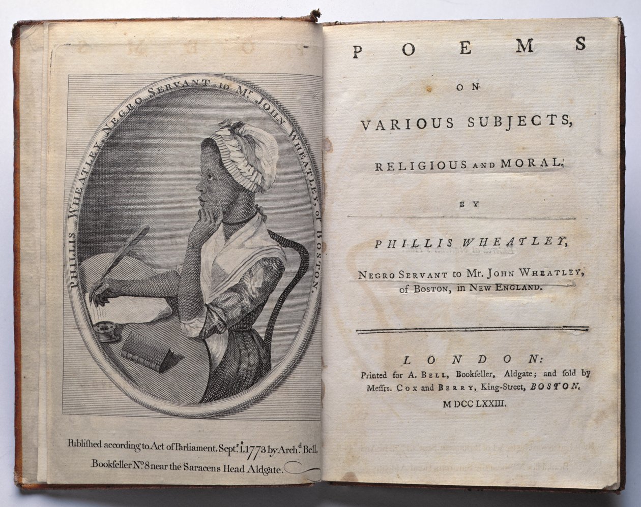 Frontispice og titelblad til digte om forskellige emner, religiøse og moralske af Phillis Wheatley, udgivet af Archibald Bell, Londond, 1773 af English School