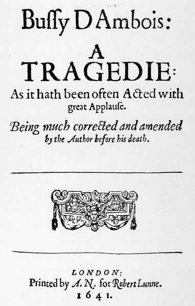 Frontispice til Bussy DAmbois: A Tragedy, 1641 af English School
