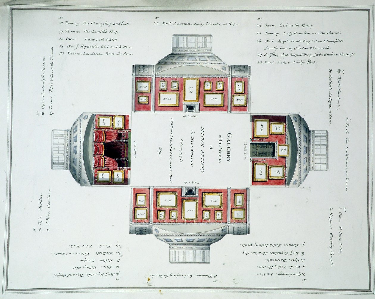 Ophængningsplan af Sir John Leicesters Gallery, Hill Street, ca. 1806 (wc over blyant på papir) af English School