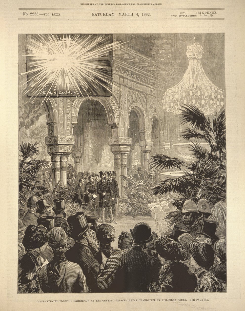 International Electric Exhibition på Crystal Palace: Great Chandelier in the Alhambra Court, fra The Illustrated London News, 4. marts 1882 af English School