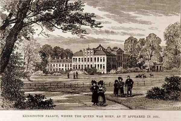 Kensington Palace, hvor dronningen blev født, som det dukkede op i 1831, fra The Illustrated London News, 19. juni 1886 af English School
