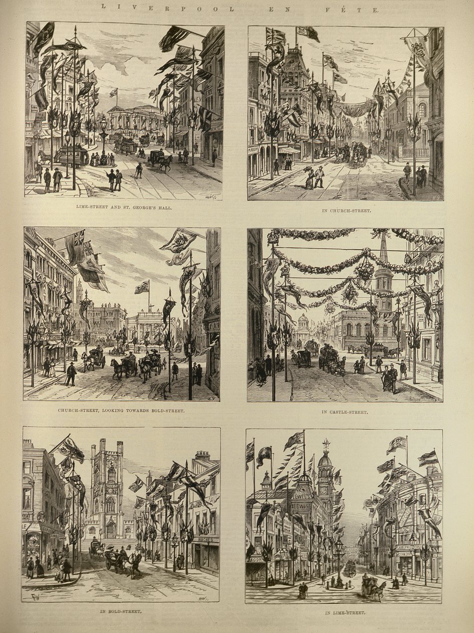 Liverpool en Fete: Lime Street og St. Georges Hall; Kirkegade; Slotsgade; Bold Street, fra The Illustrated London News, 15. maj 1886 af English School