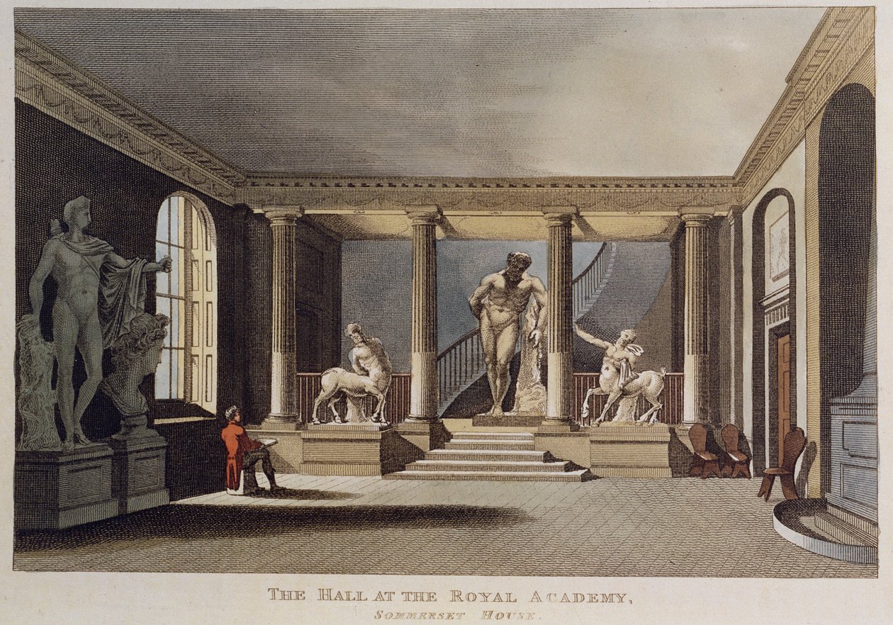 Mand tegner en skulptur i hallen på Royal Academy of Arts i Somerset House, 1810 af English School