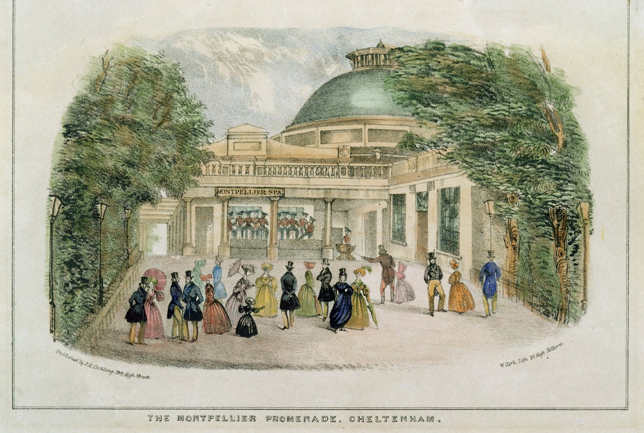 Montpellier Promenade, Cheltenham, indgraveret af W. Clark, c.1835 af English School