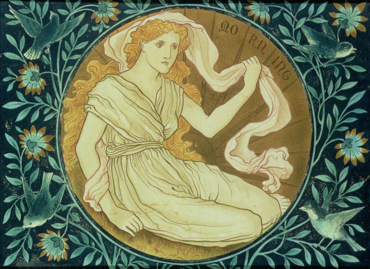 Morgen, panel dekoreret med en allegorisk figur, der repræsenterer den stigende sol, fremstillet af Shrigley & Hunt, 1876 (keramik) af English School