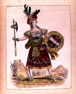 Fru Egerton i rollen som Helen Macgregor, hustru til Rob Roy Macgregor fra en dramatisering af romanen Rob Roy af Sir Walter Scott, pub. af A. Park, 1823 (gravering og collage) af English School