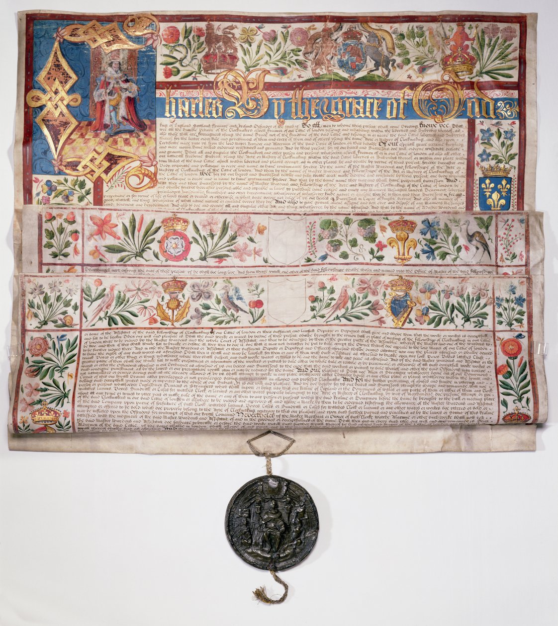 Ms 6430 The Clockmakers Charter, givet af kong Charles I den 22. august 1631 af English School