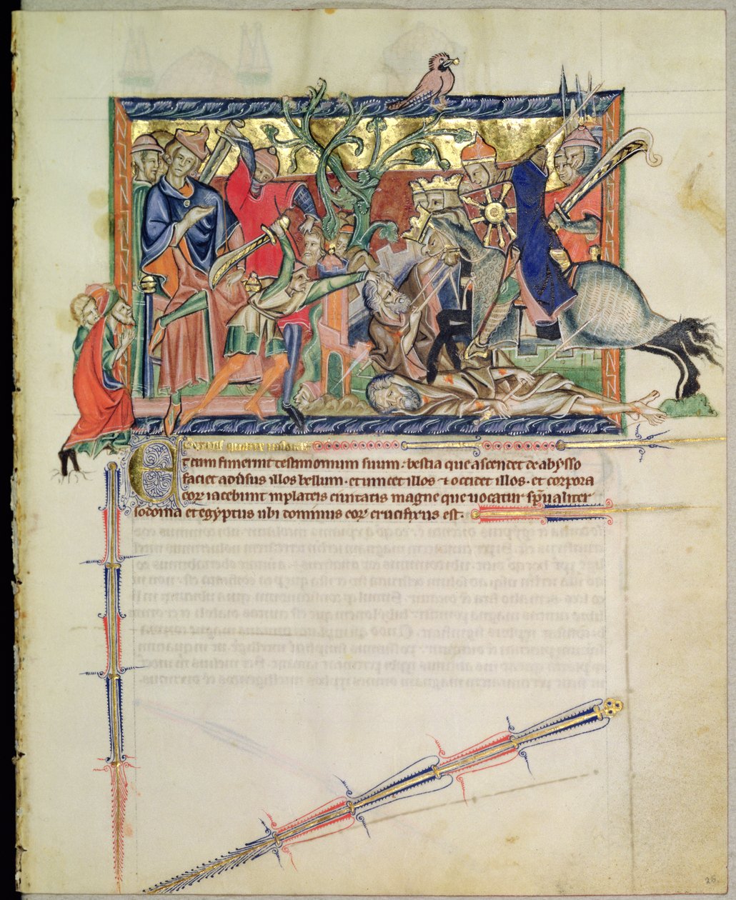 Ms L.A. 139-Lisboa fol.26 Udryddere, der ser ryttere trampe de to vidner, fra Gulbenkian Apocalypse, ca. 1265-70 af English School
