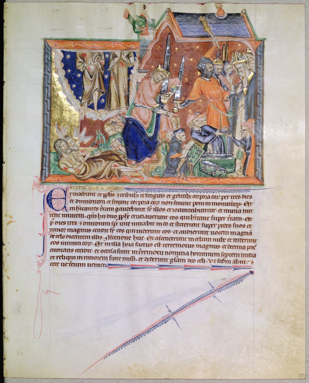 Ms L.A. 139-Lisboa fol.27 Vidnerne efterlades ubegravede, og deres sjæle stiger op til himlen, fra Gulbenkian Apocalypse, ca. 1265-70 af English School