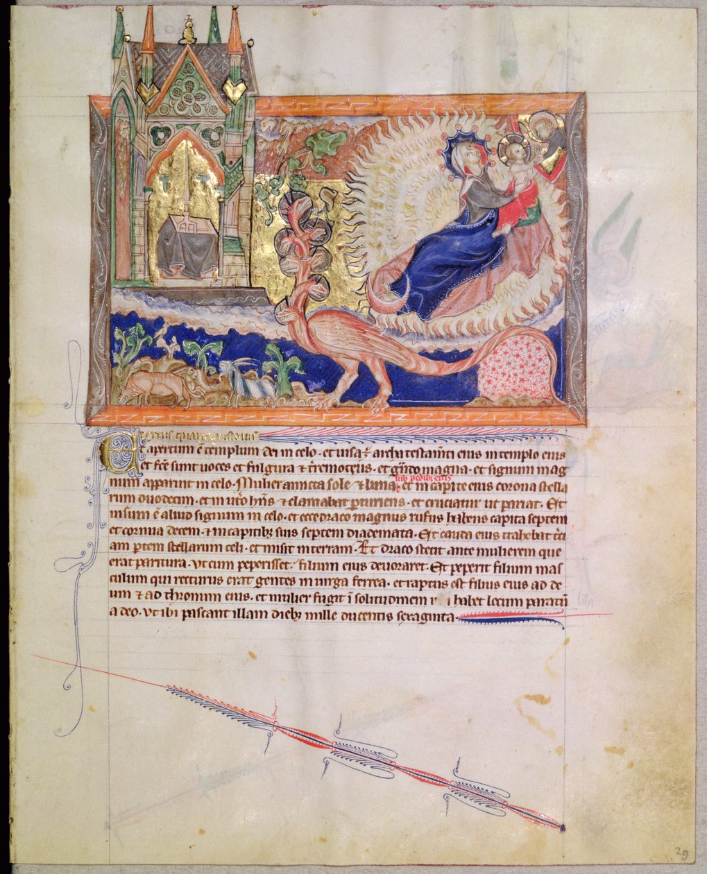 Ms L.A. 139-Lisboa fol.29 Gud reddede hanbarnet fra at blive fortæret af den røde drage, fra Gulbenkian Apocalypse, ca. 1265-70 af English School