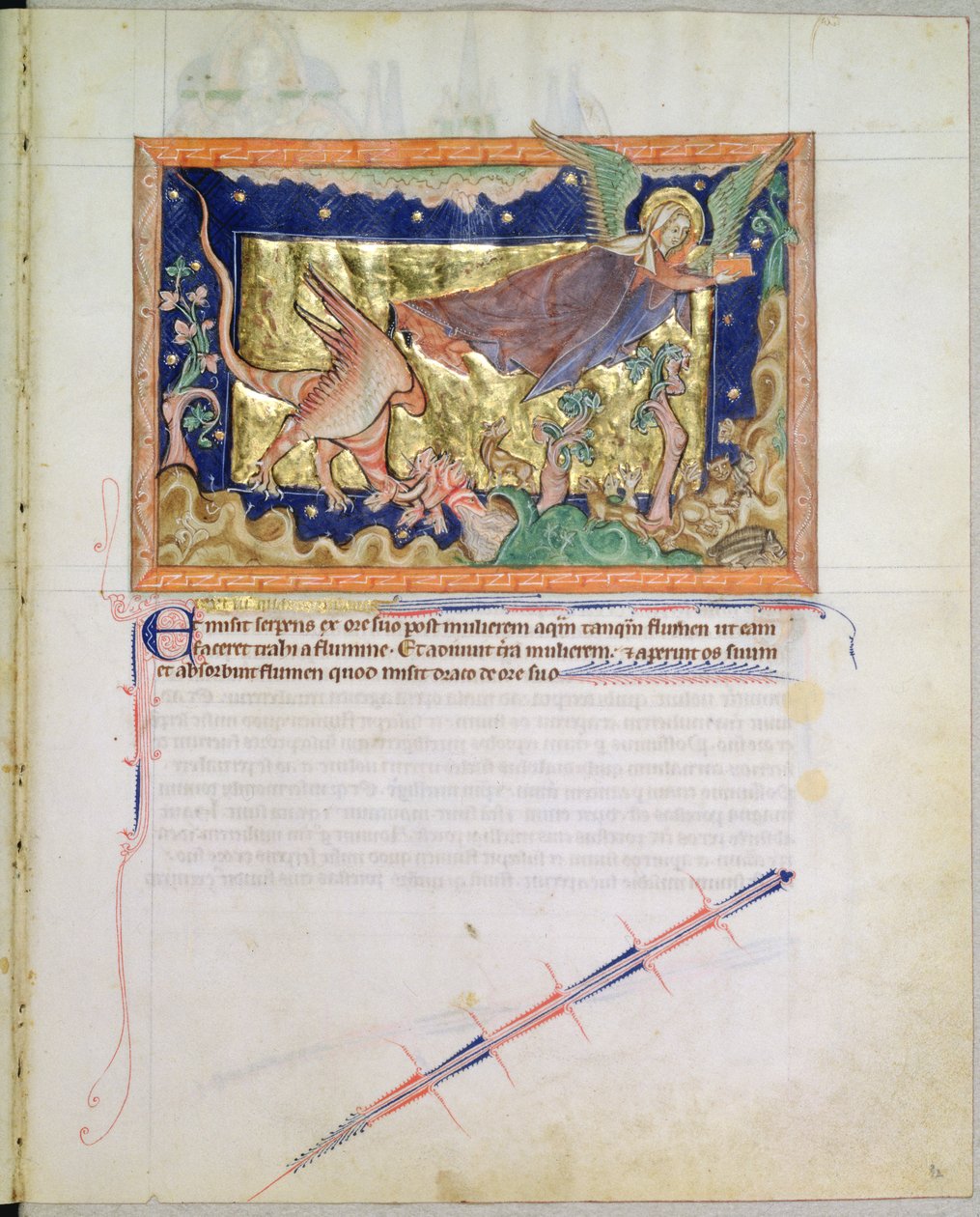 Ms L.A. 139-Lisboa fol.32 Kvinden, der flyver væk, mens Jorden sluger vandet, der er spyet ud af den røde drage, fra Gulbenkian Apocalypse, ca. 1265-70 af English School