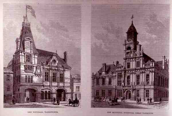 New Town Hall, Wandsworth and the New Municipal Buildings, Great Yarmouth, fra The Illustrated London News, 21. januar 1882 af English School