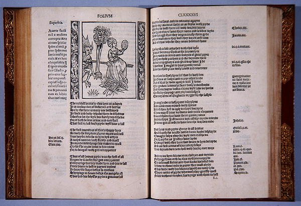 Of Overbearing Pride, fra This Present boke ved navn The shyp of folys, af Sebastian Brandt, trykt af Richard Pynson, 1509 (bogtryk og træsnit) af English School