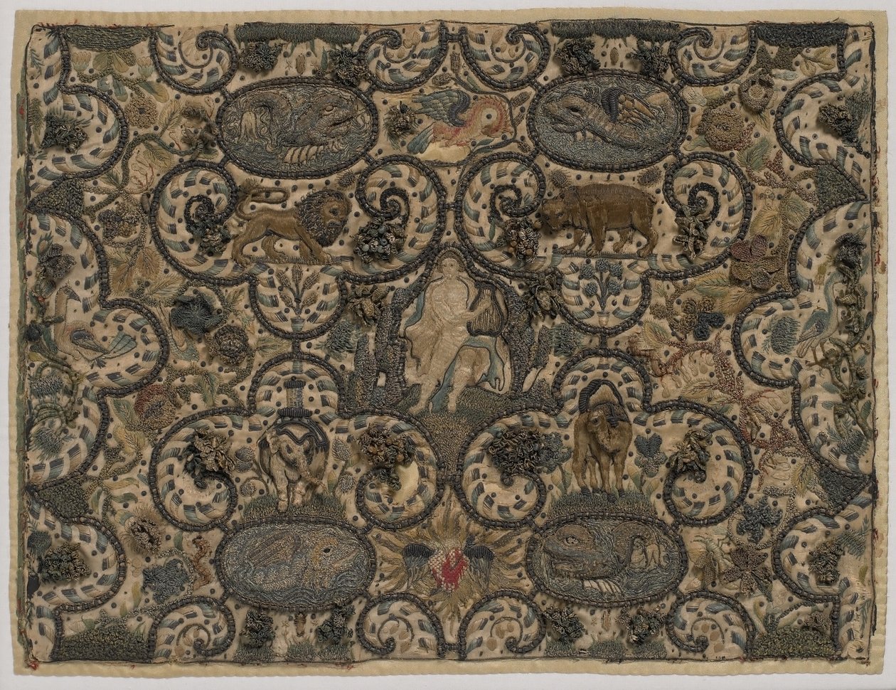 Orpheus charmerer dyrene med sit lut, hævet silkebroderi, ca. 1630 (silkebroderi) af English School