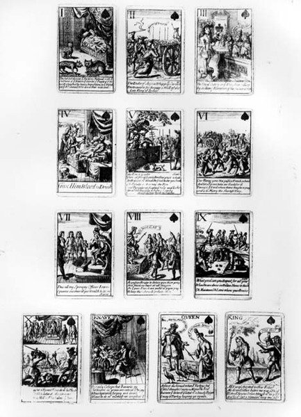 Spillekort til minde om den spanske arvefølgekrig med scener, der satirerer den franske kongefamilie og hof, ca. 1707 af English School