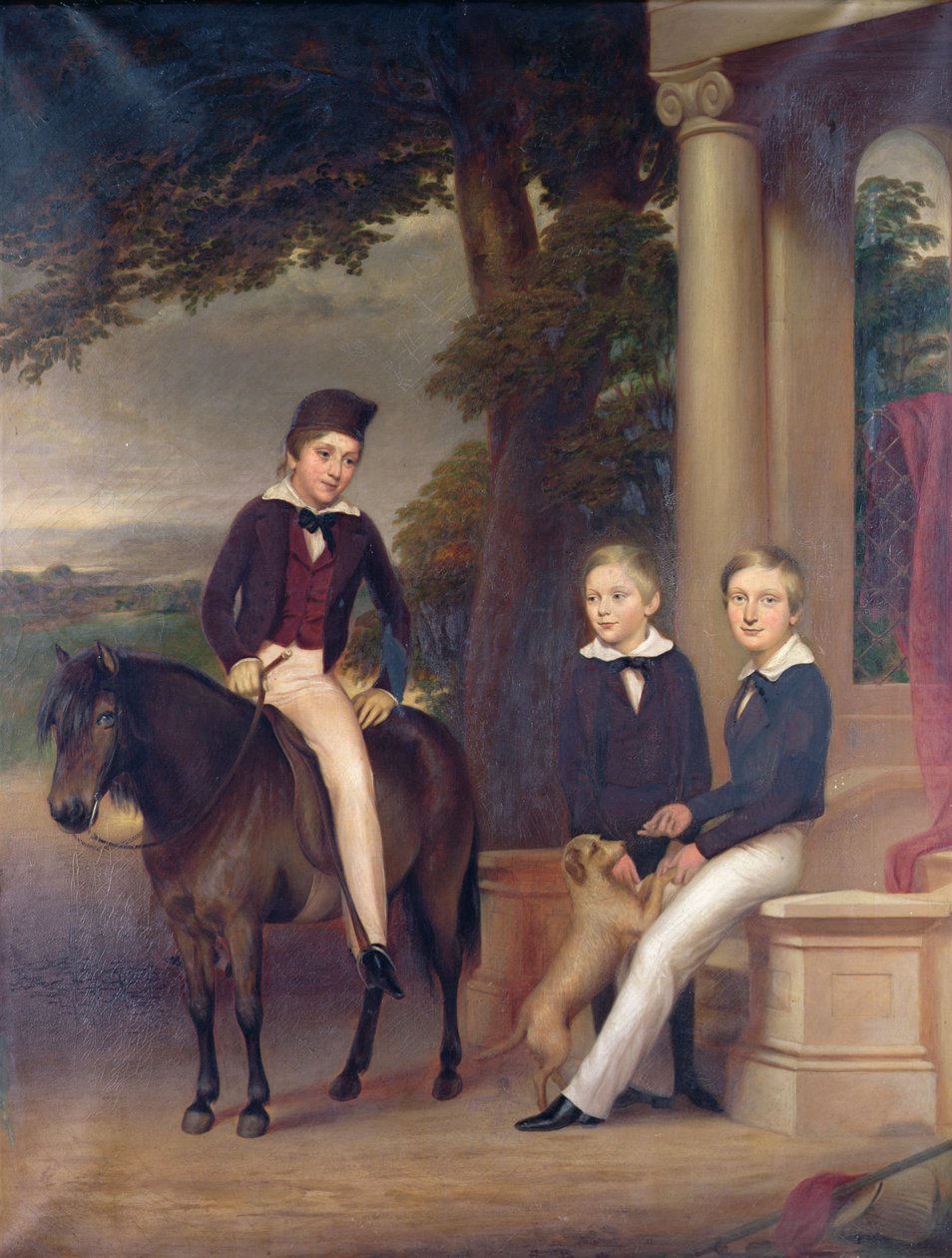 Portræt af John, George og Thomas Gladstone med deres yndlingskæledyr, ca. 1840 af English School