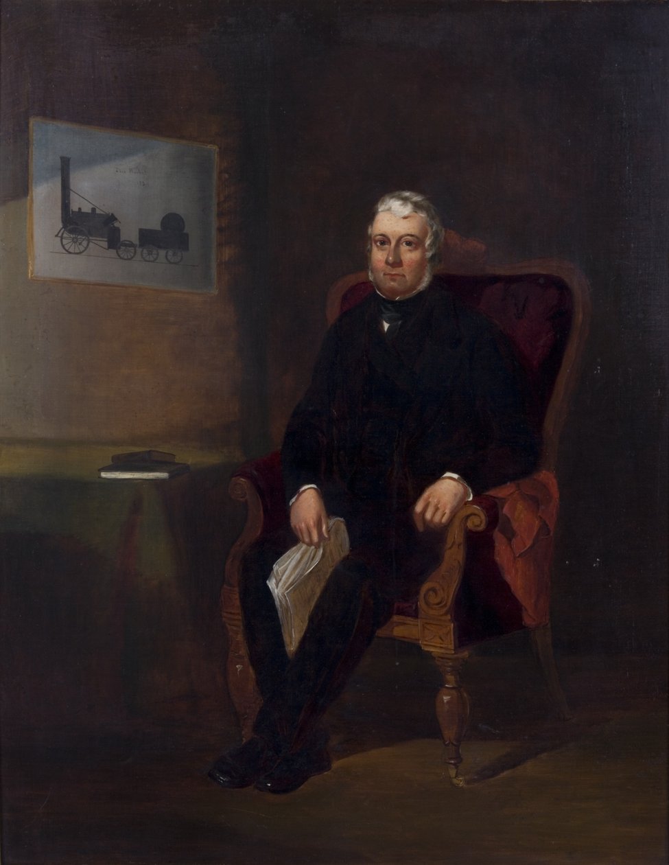 Portræt af Robert Stephenson med raket af English School