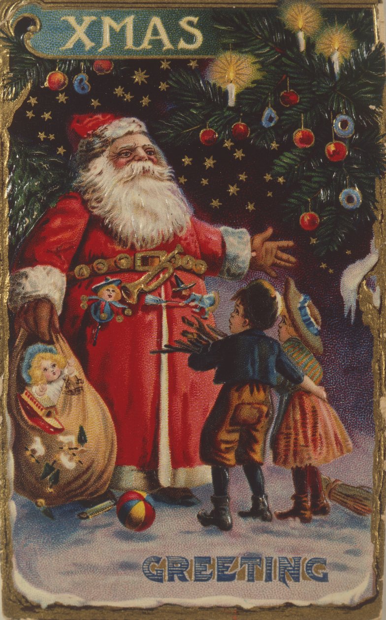 Postkort, der forestiller julemanden med sin sæk legetøj af English School