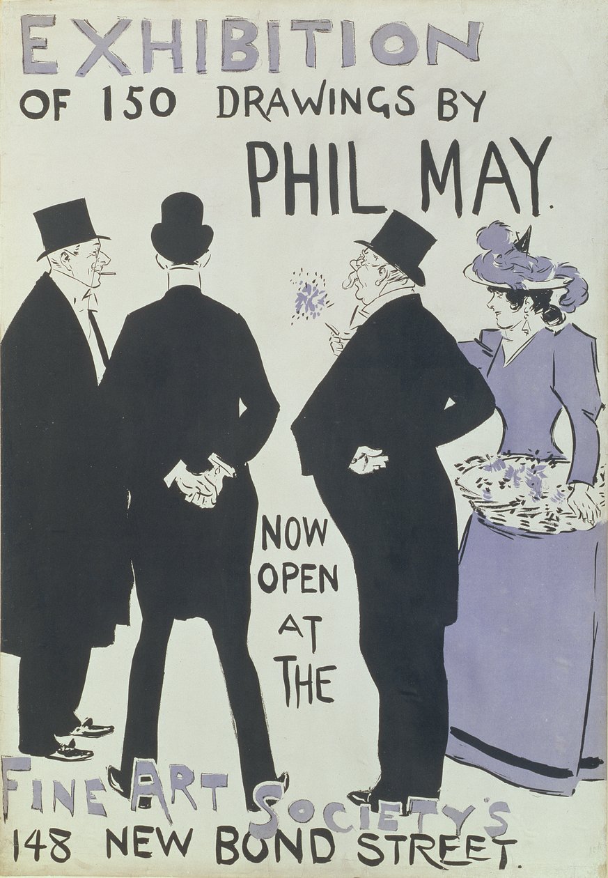 Plakat, der reklamerer for en udstilling med 150 tegninger af Phil May i Fine Art Society, New Bond Street, 1895 af English School