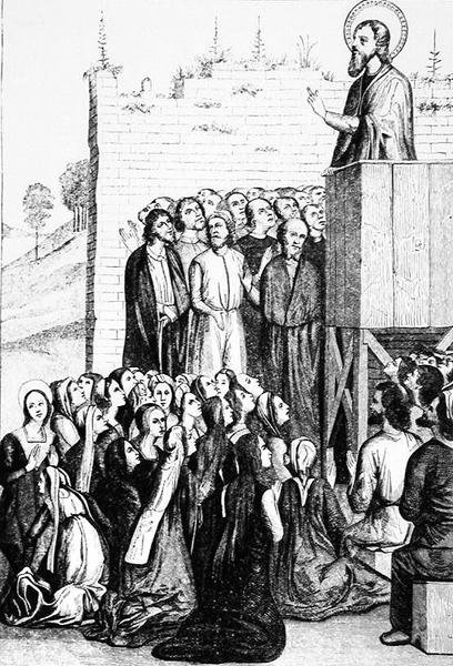 Forkyndelse af en kristendoms apostel, illustration fra videnskab og litteratur i middelalderen og renæssancen, skrevet og indgraveret af Paul Lacroix, 1878 af English School