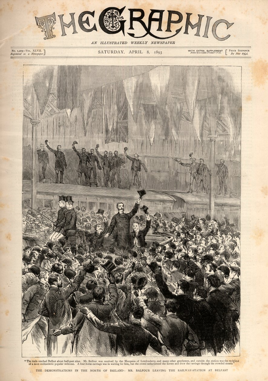 Protest mod hjemmestyrets lov (indført af Gladstone) i Belfast: Arthur James Balfour forlader banegården i Belfast. af English School