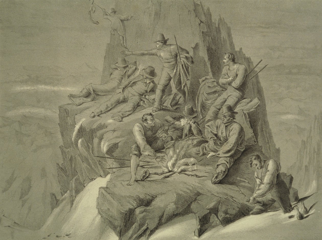 Hvile på en afsats, fra ti scener i Mont Blancs sidste bestigning, inklusive fem udsigter fra topmødet, af J.D.H. Browne, udgivet 1853 af English School