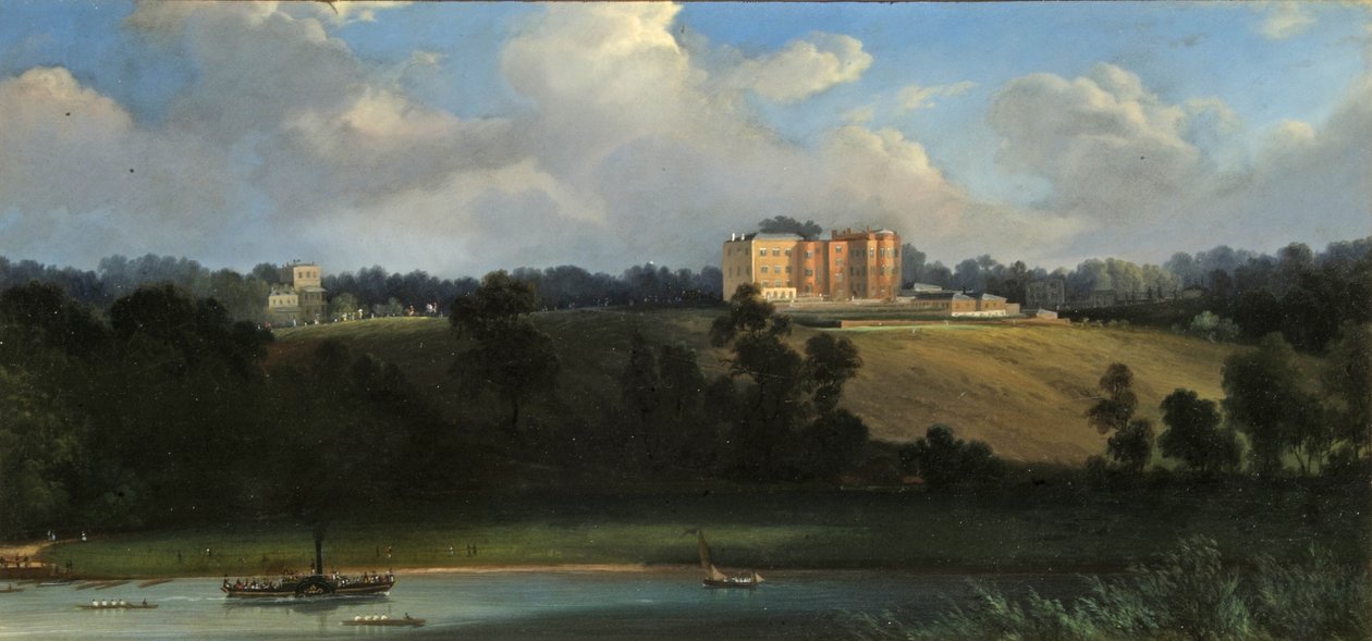 Richmond Hill fra floden, Surrey, ca. 1830 (olie på skifer) af English School