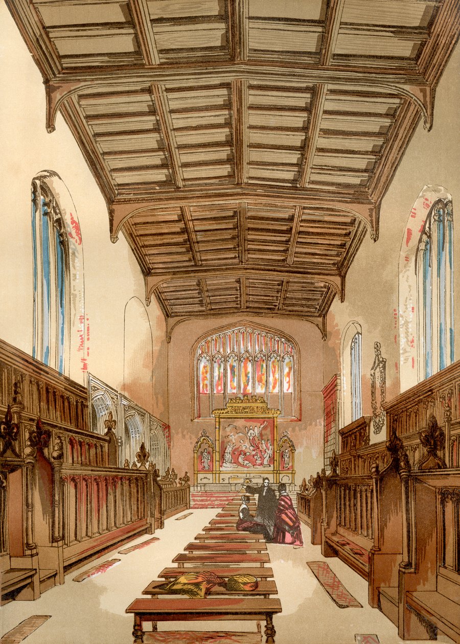 St. Johns College Old Chapel, Cambridge University, Cambridge, England før dets nedrivning, fra Old England: A Pictorial Museum, pub. 1847 af English School