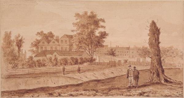 Stoke Newington Green, initialer H.F., 1860 (sepia) af English School