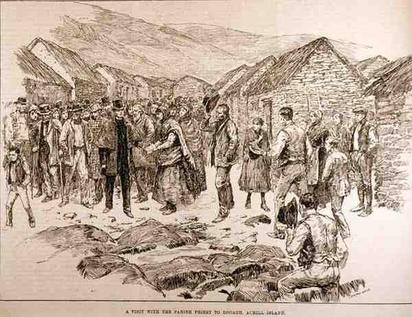 Nøden i det vestlige Irland: Et besøg med sognepræsten til Dooagh, Achill Island, fra The Illustrated London News, 4. oktober 1886 af English School