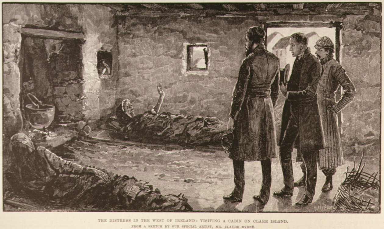 The Distress in the West of Ireland: Visiting a Cabin on Clare Island, fra The Illustrated London News, 4. oktober 1886 af English School