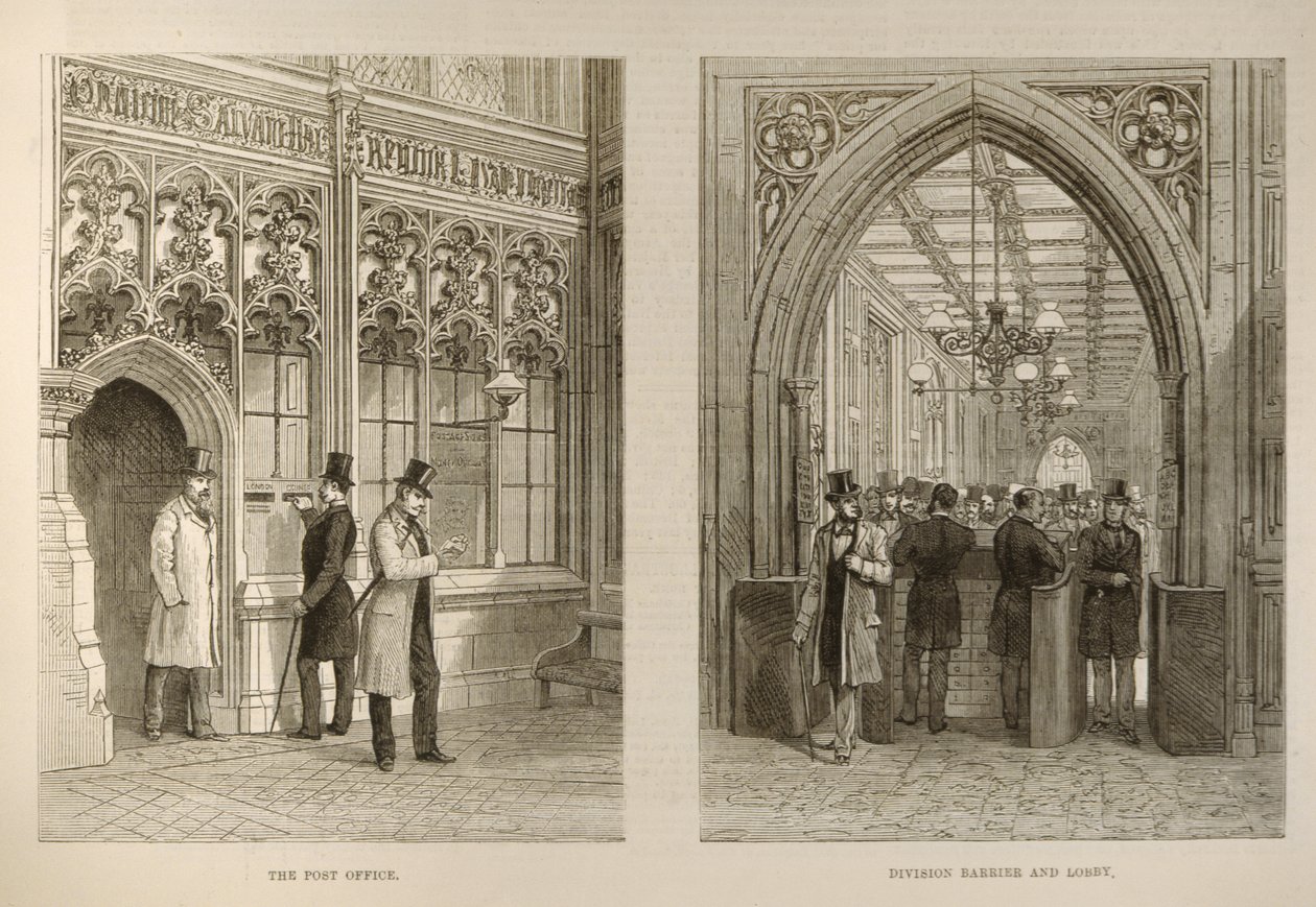 The House of Commons: The Post Office and the Division Barrier and Lobby, fra The Illustrated London News, 18. februar 1882 af English School