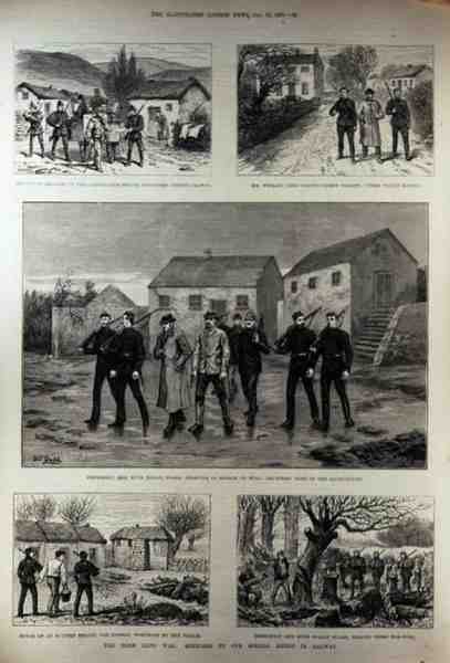 The Irish Land War: Serving Summons on the Clanricarde Estate, Woodford, County Galway, fra The Illustrated London News, 15. januar 1887 af English School