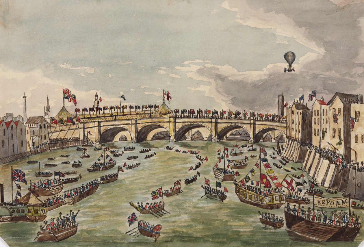 Åbningen af New London Bridge, 1. august 1831 (pen & blæk og wc på papir) af English School