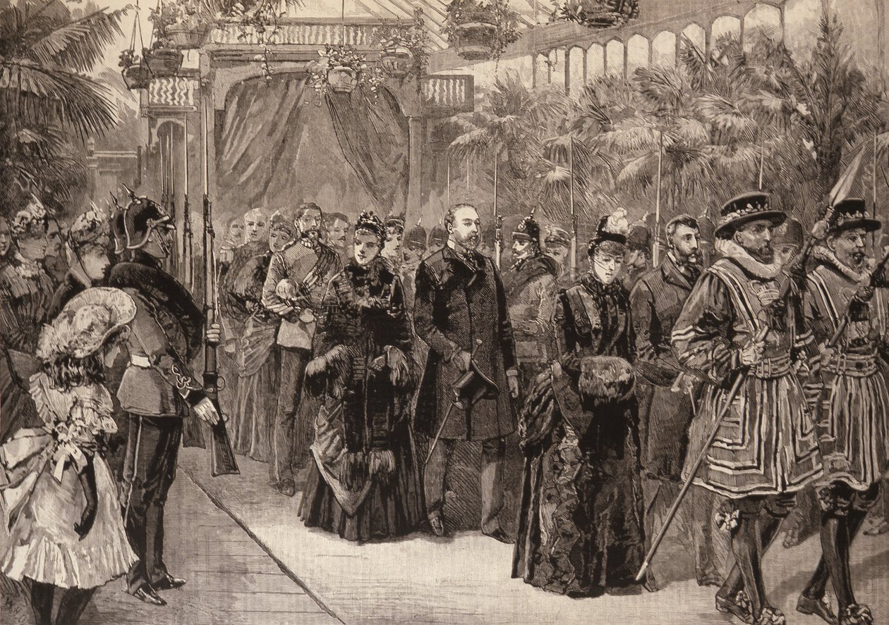 Prinsen og prinsessen af Wales i Manchester: Procession i udstillingsbygningen, fra The Illustrated London News, 14. maj 1887 af English School