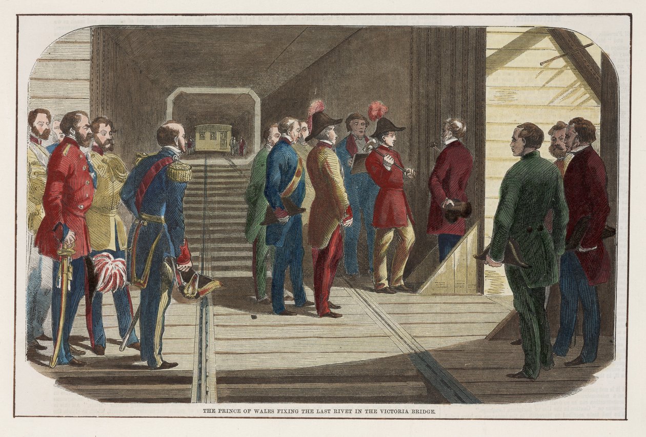 Prinsen af Wales fikserer den sidste nitte i Victoria Bridge, Canada, 1860 af English School