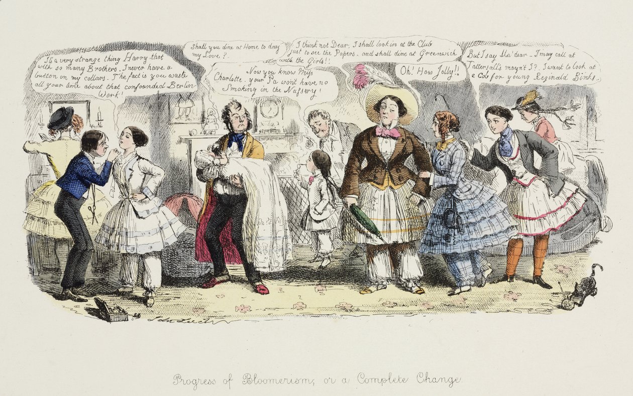 Bloomerismens fremskridt eller, en fuldstændig forandring, fra Punch, 1852 af English School