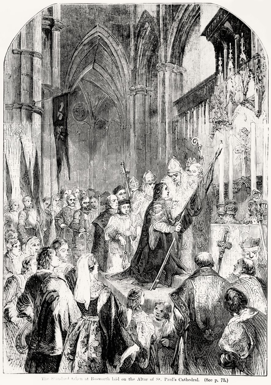 Standarden taget ved Bosworth lagt på alteret i St. Pauls Cathedral i 1486 af English School