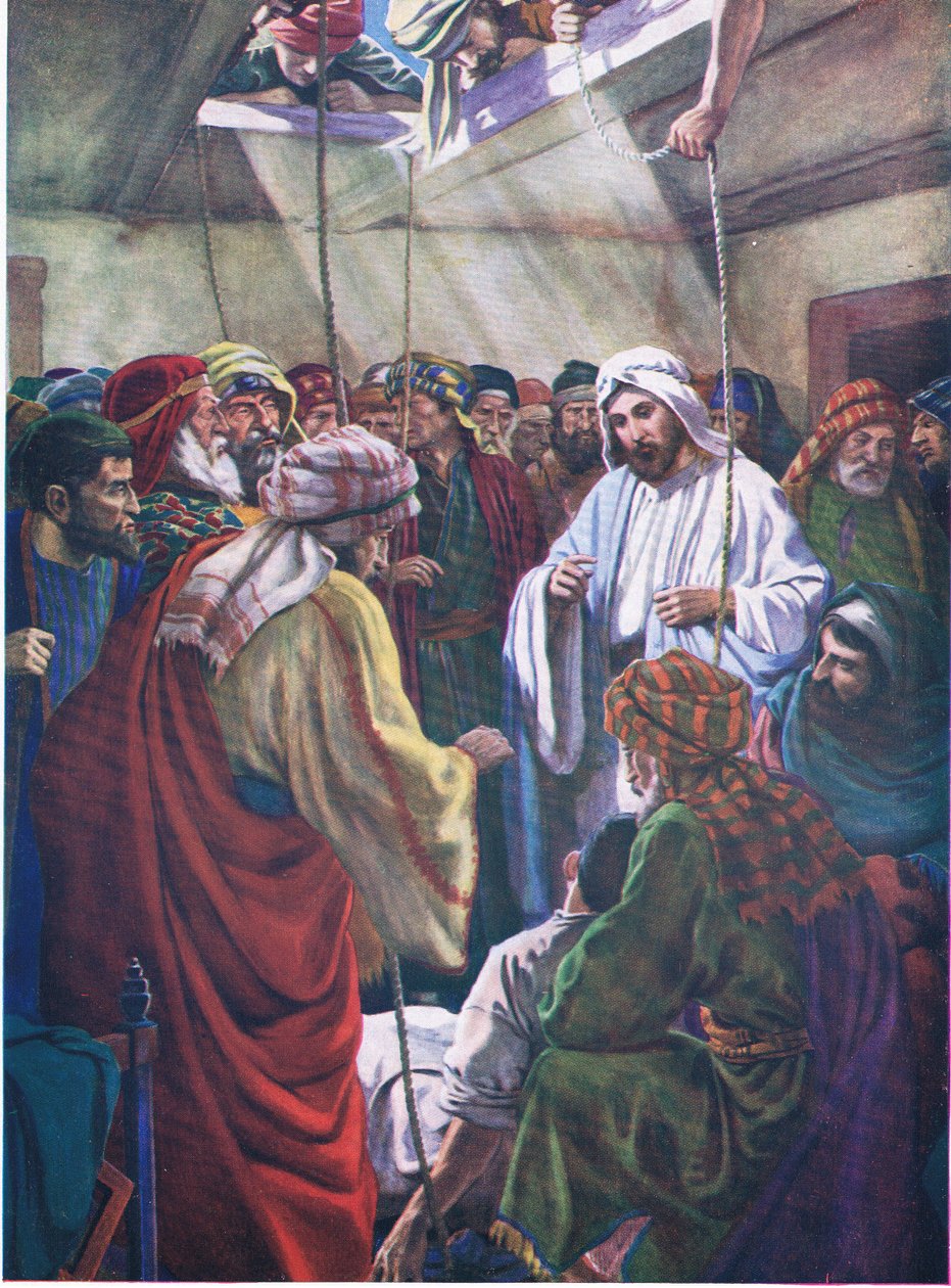 Manden med de fire venner, fra The Bible Picture Book udgivet af Thomas Nelson, ca. 1950 af English School