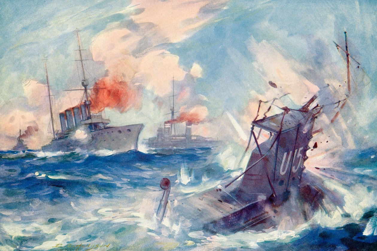 Forliset af den tyske ubåd SM U-15 efter at være blevet ramponeret af den britiske lette krydser H.M.S. Birmingham, 9. august 1914 under Første Verdenskrig, fra The History of the Great War, udgivet ca. 1919 ( af English School