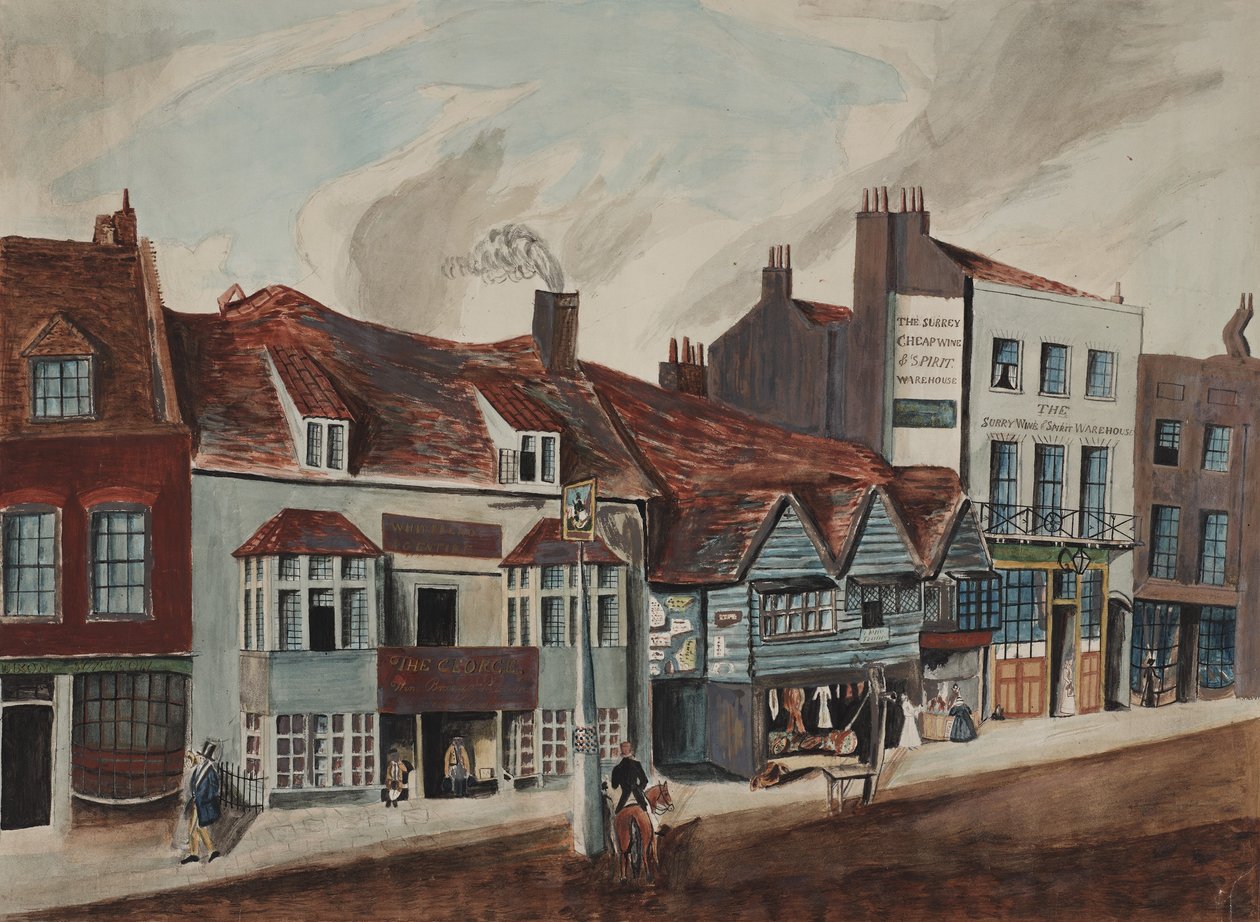 Udsigt over Newington Butts, Southwark, der viser George Tavern og butiksfacader, ca. 1825 (wc på papir) af English School