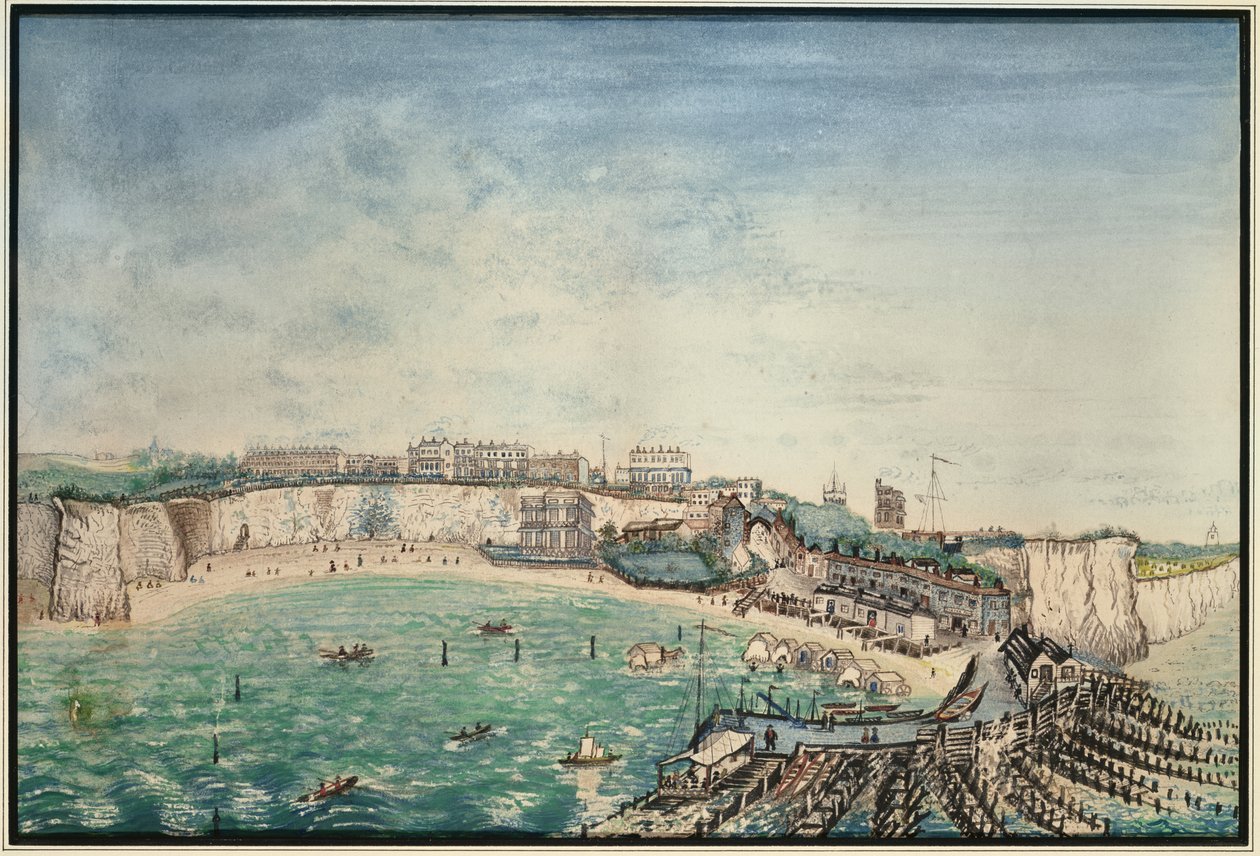 Udsigt over stranden og havnen ved Broadstairs, Kent, ca. 1830 (wc på papir) af English School