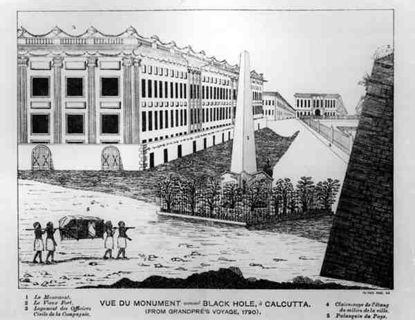 Udsigt over det sorte hul i Calcutta-monumentet fra Grandpres Voyage, 1790 af English School