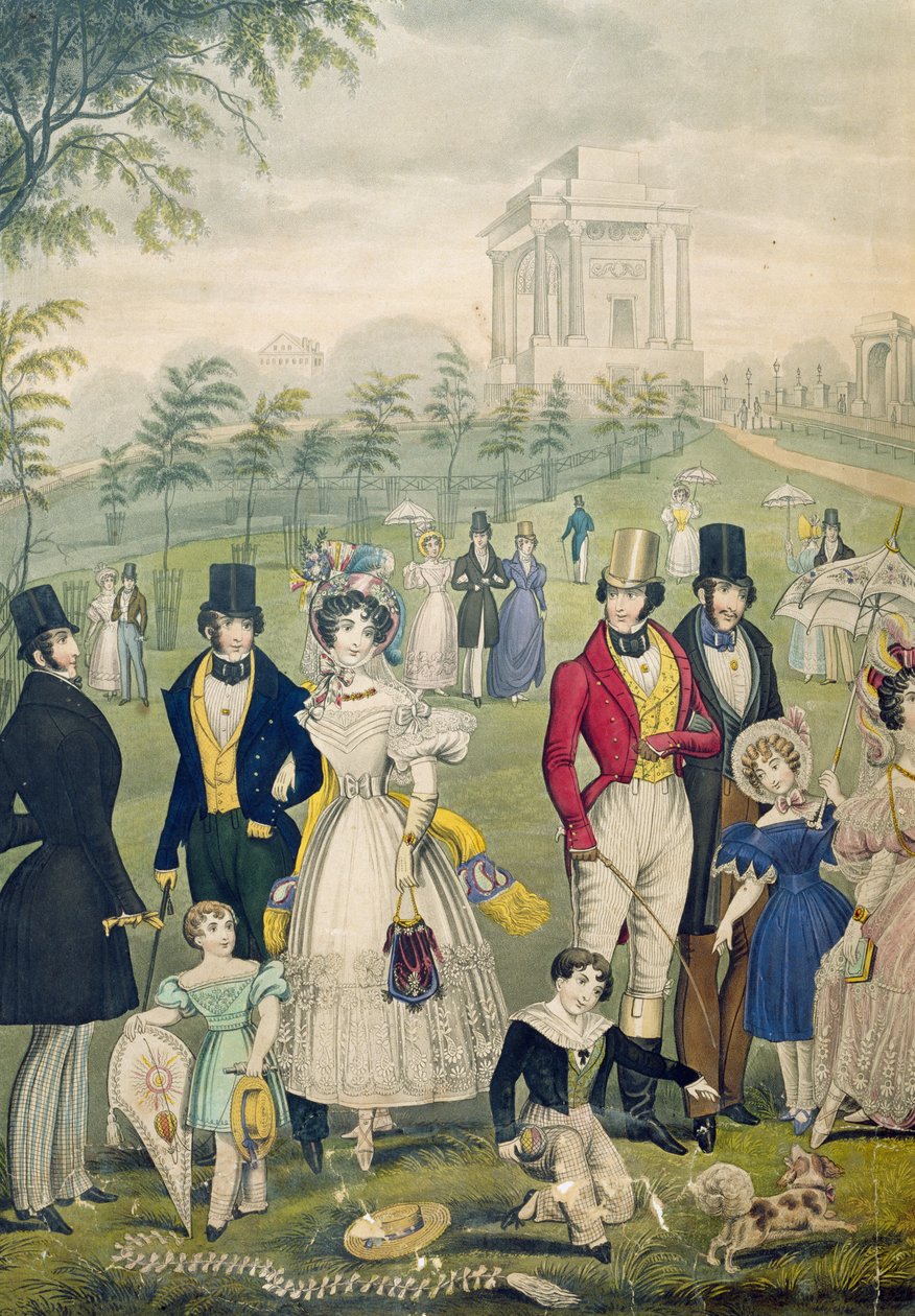 Udsigt over Green Park, London, der viser tidens mode, detalje fra venstre side, ca. 1830 (se også 122099) af English School