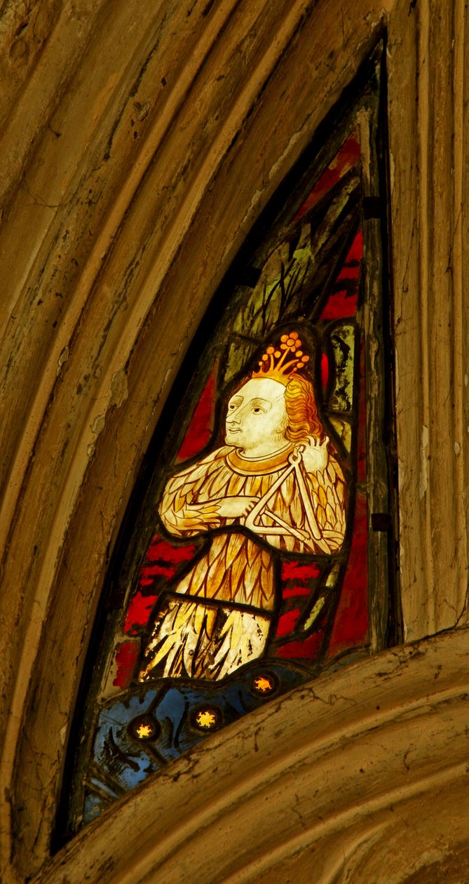 Vindue, der viser englemusiker, der spiller trekanten, Beauchamp-kapellet, Saint Marys, Warwick af English School