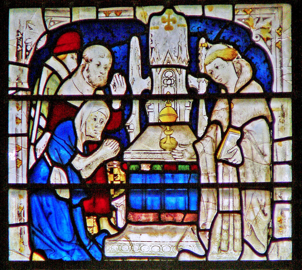 Vindue, der viser en spedalsk kvinde, der beder ved helligdommen St. William Wellcome, York Minster af English School