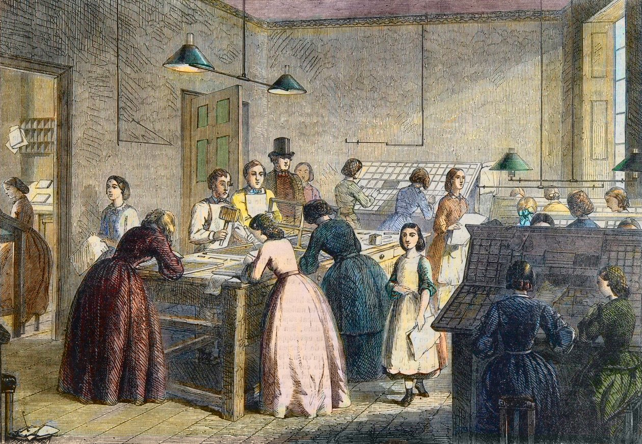 Kvindelige kompositører på trykkeriet i Victoria Press, Great Coram Street, London, i 1860. af English School