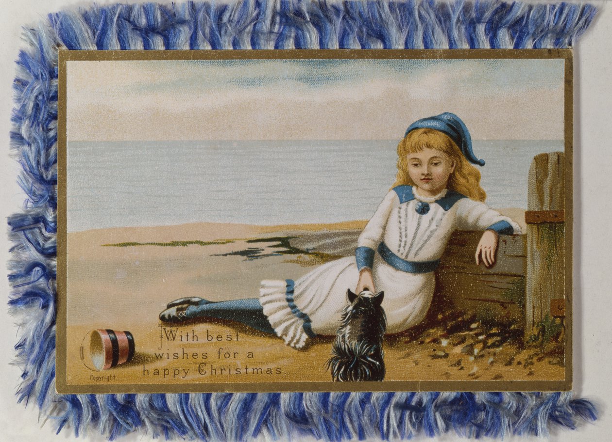 Ung pige med sin hund ved havet, victoriansk jule- og nytårskort af English School