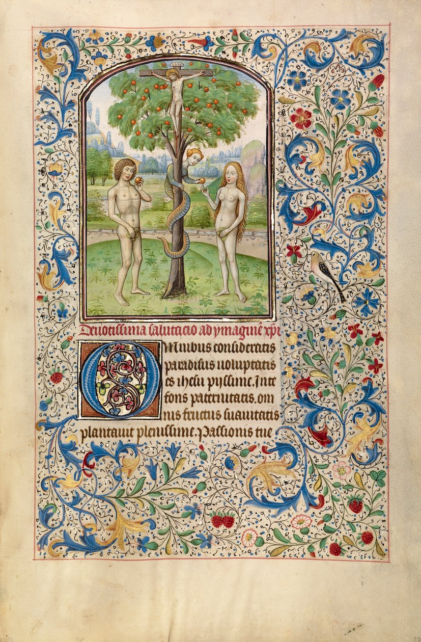 Adam og Eva spiser den forbudte frugt, begyndelsen af 1460 (tempera, bladguld og blæk på pergament) af Flemish School